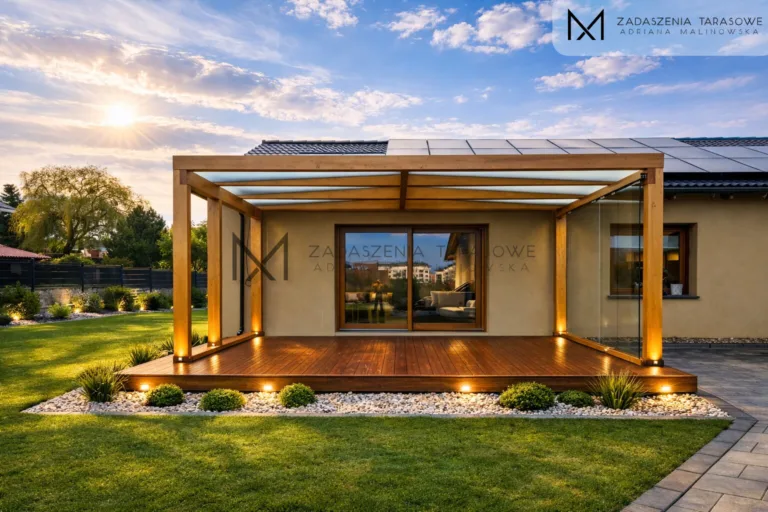 drewniany taras z zadaszeniem