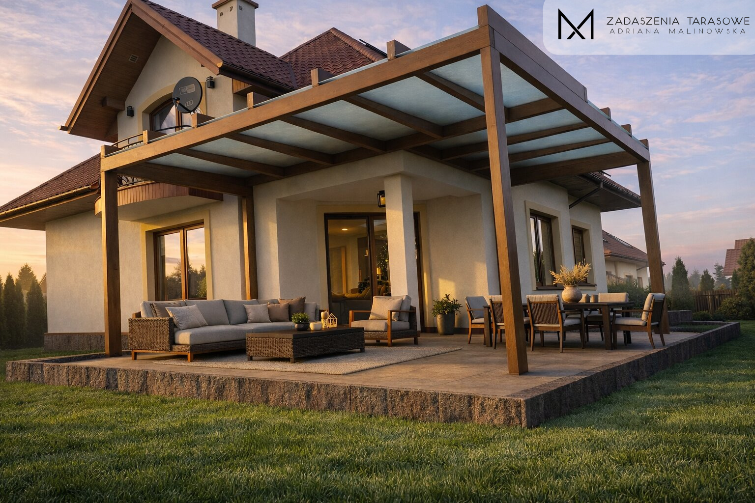 pergola narożna z meblami