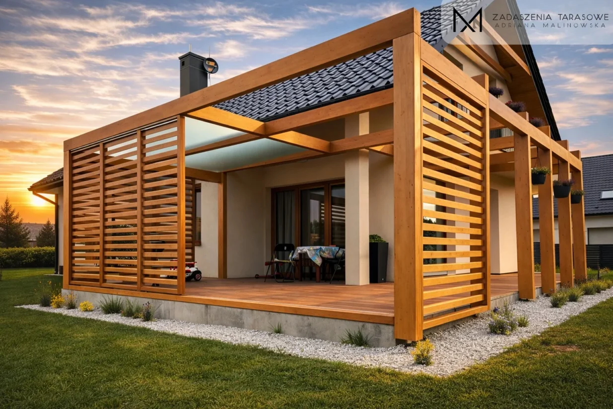 nowoczesna pergola z częściowym zadaszeniem i ażurami
