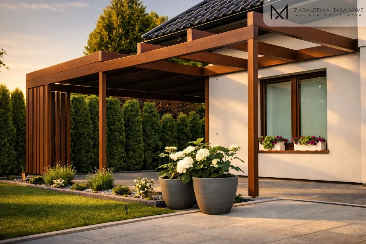 pergola z drewnianym dachem przy domu