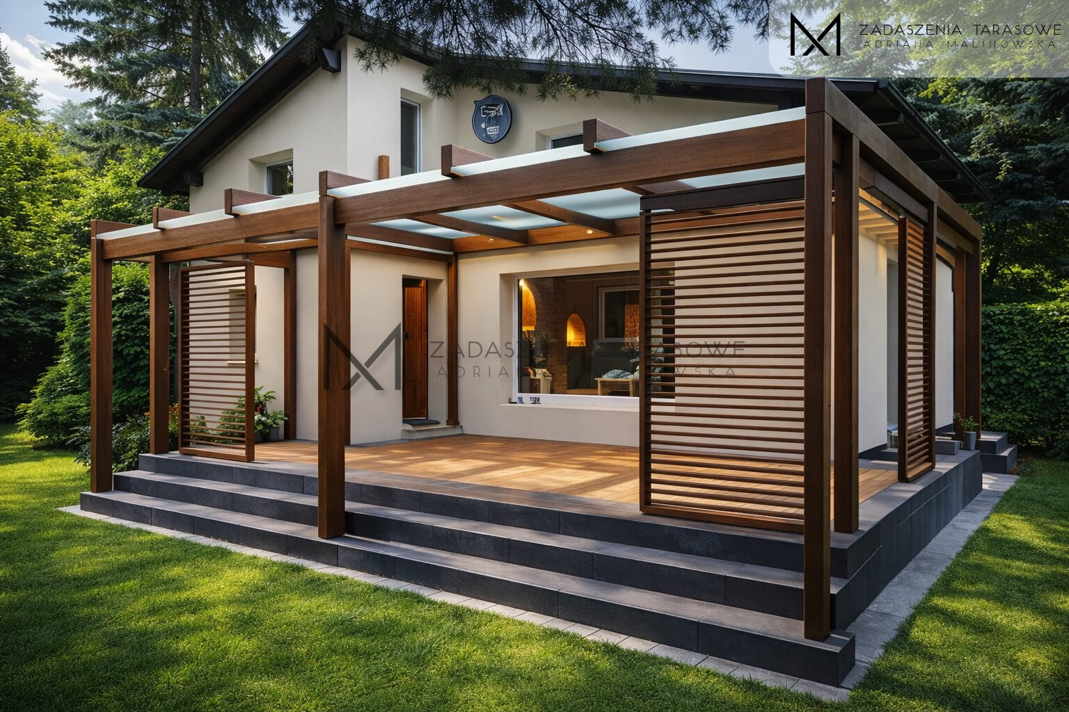 zadaszenie z żaluzjami zasłaniający też schody