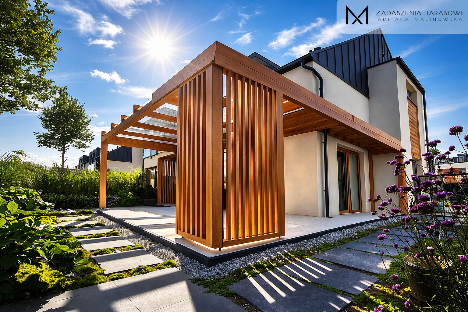 zadaszenie tarasu narożne z drewutnią