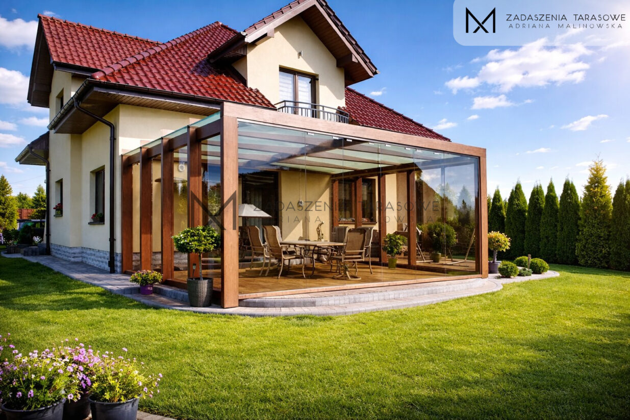 zadaszenie tarasu z brązowym szkłem