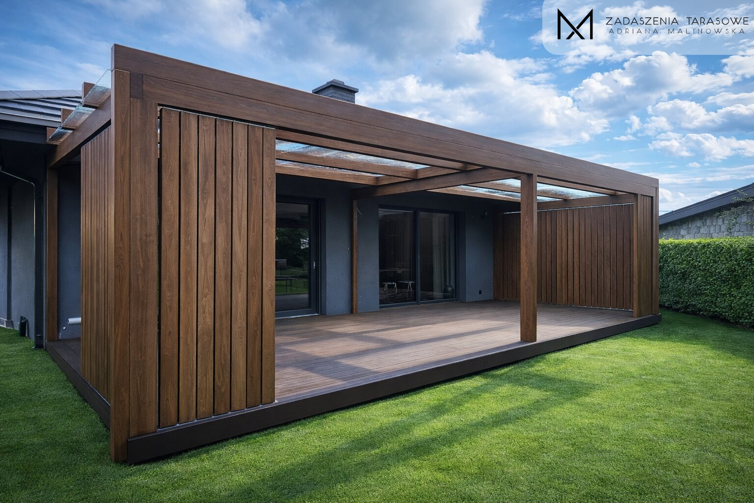 Nowoczesne zadaszenie z lamelami i podłogą z Bambusa drewniane