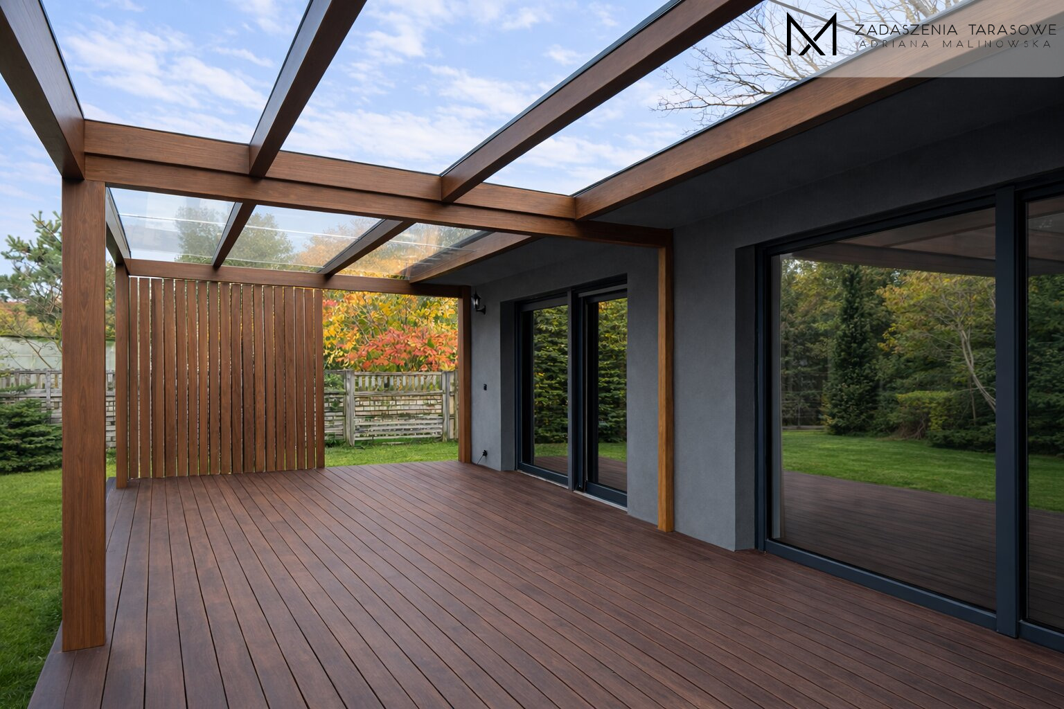 Nowoczesne zadaszenie z lamelami i podłogą z Bambusa szkło w dachu