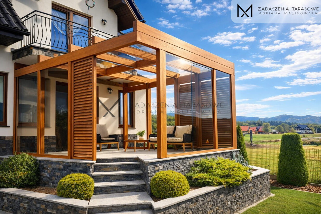 Nowoczesne zadaszenie z żaluzjami i szkłem brązowym