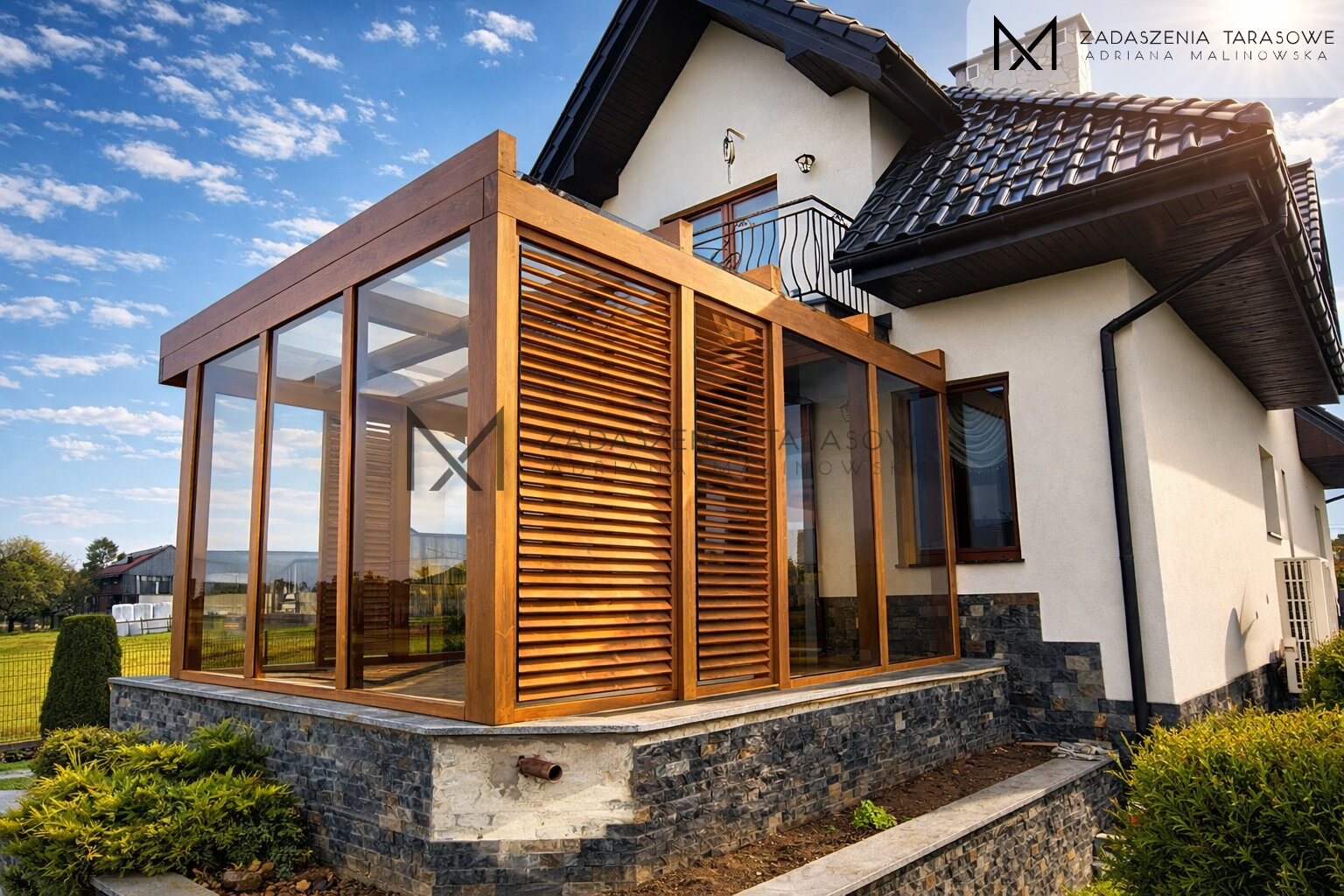 Nowoczesne zadaszenie z żaluzjami i szkłem brązowym przy domu