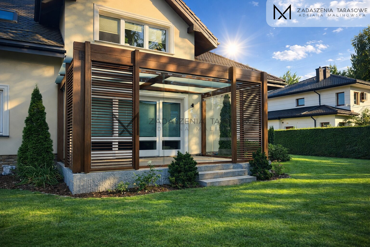 Zadaszenie drewniane z żaluzjami i szkłem na tarasie