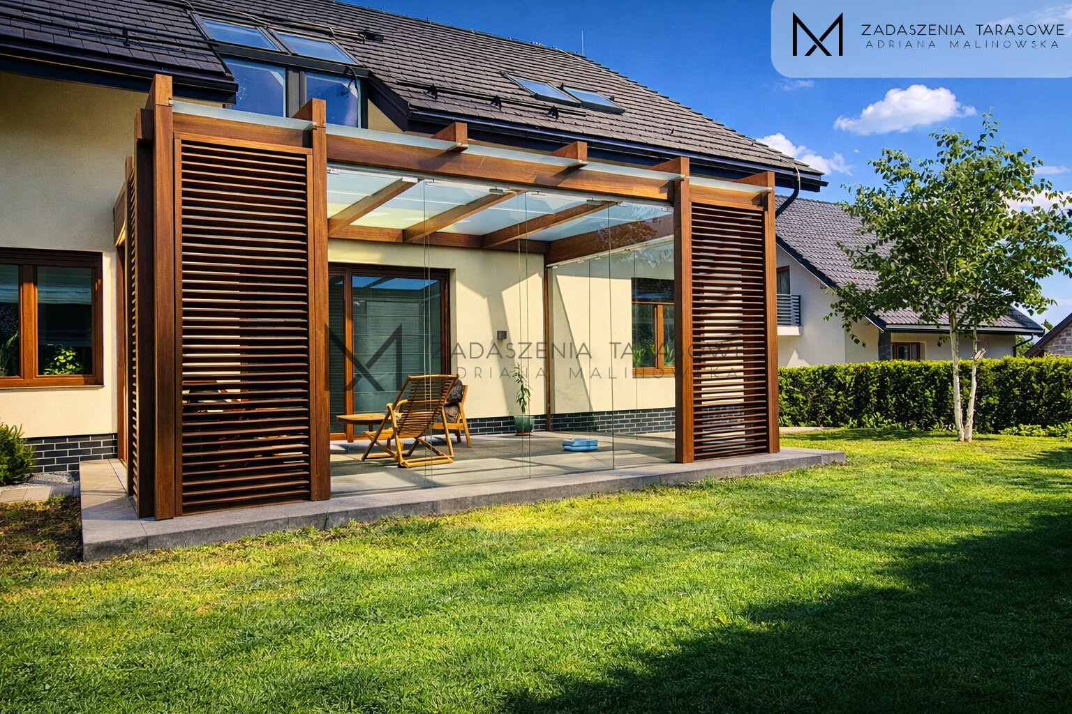 Zadaszenie drewniane z żaluzjami i szkłem - realizacja Rzeszów zabudowa ścian