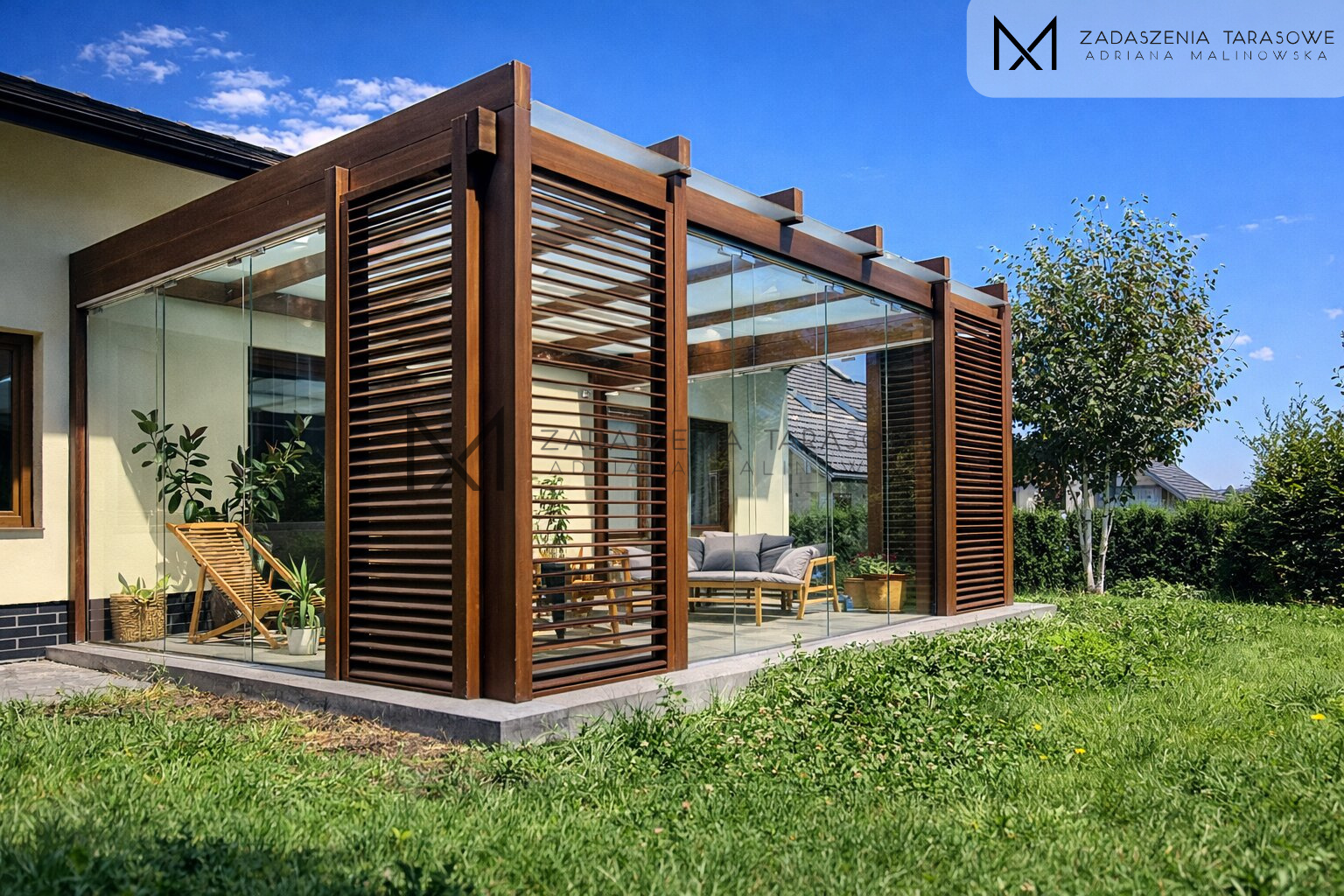 Zadaszenie drewniane z żaluzjami i szkłem - realizacja Rzeszów