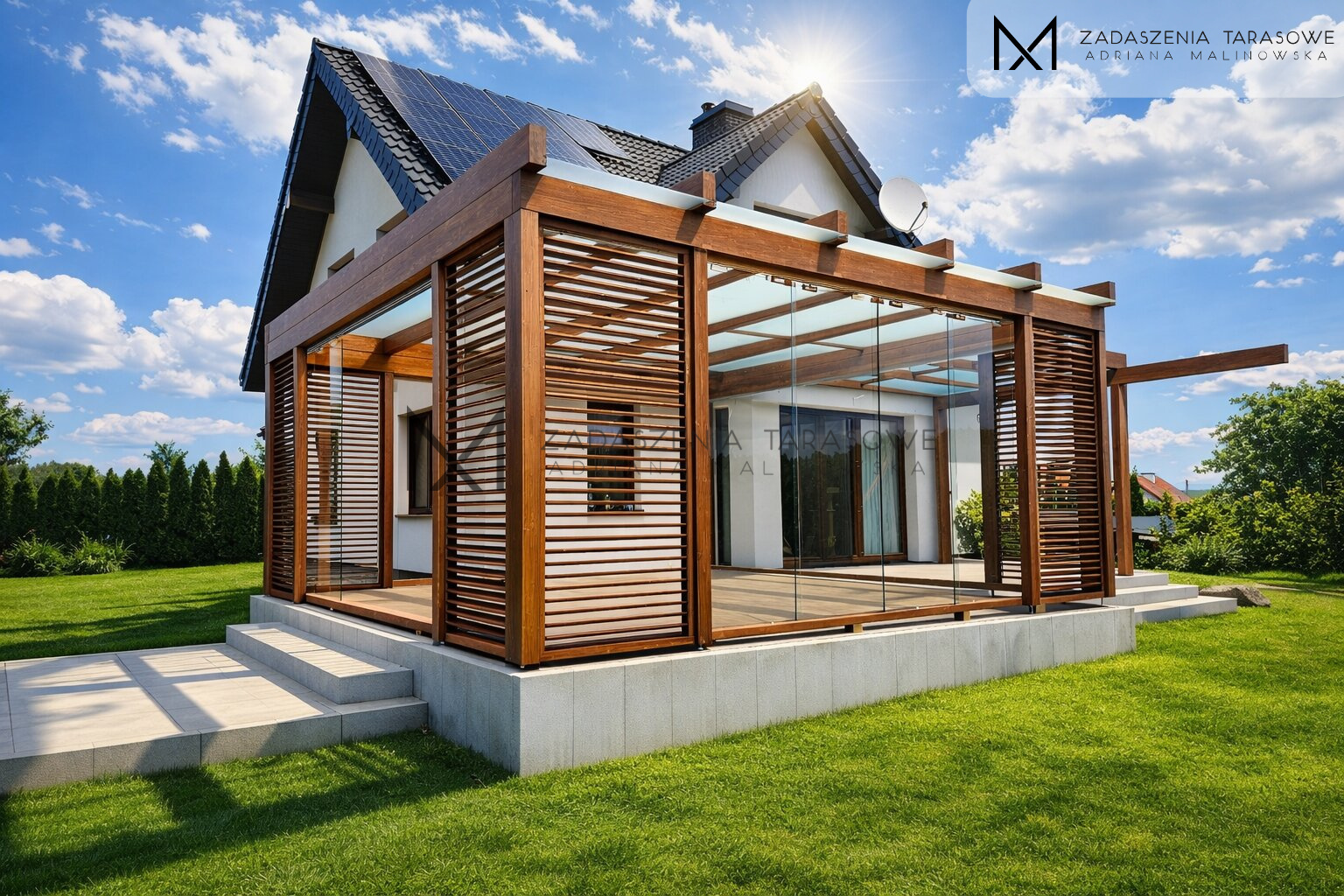 Zadaszenie na taras z żaluzjami stałymi i szkłem przesuwnym na tarasie