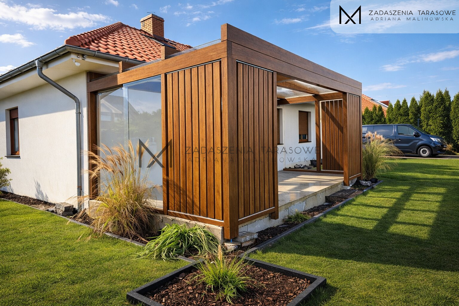 Zadaszenie tarasu bsh w ogrodzie