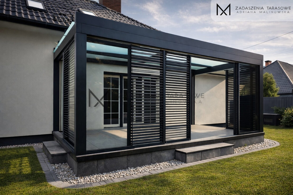 Zadaszenie tarasu - szkło stałe i żaluzje przesuwne - realizacja