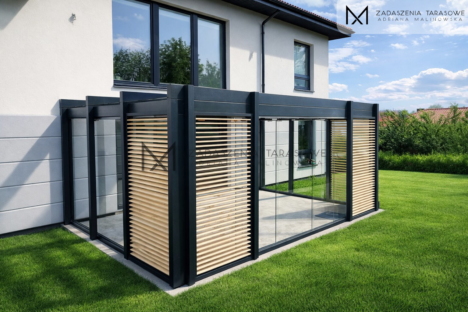 Zadaszenie z żaluzjami i szkłem przy domu jednorodzinnym w ogrodzie