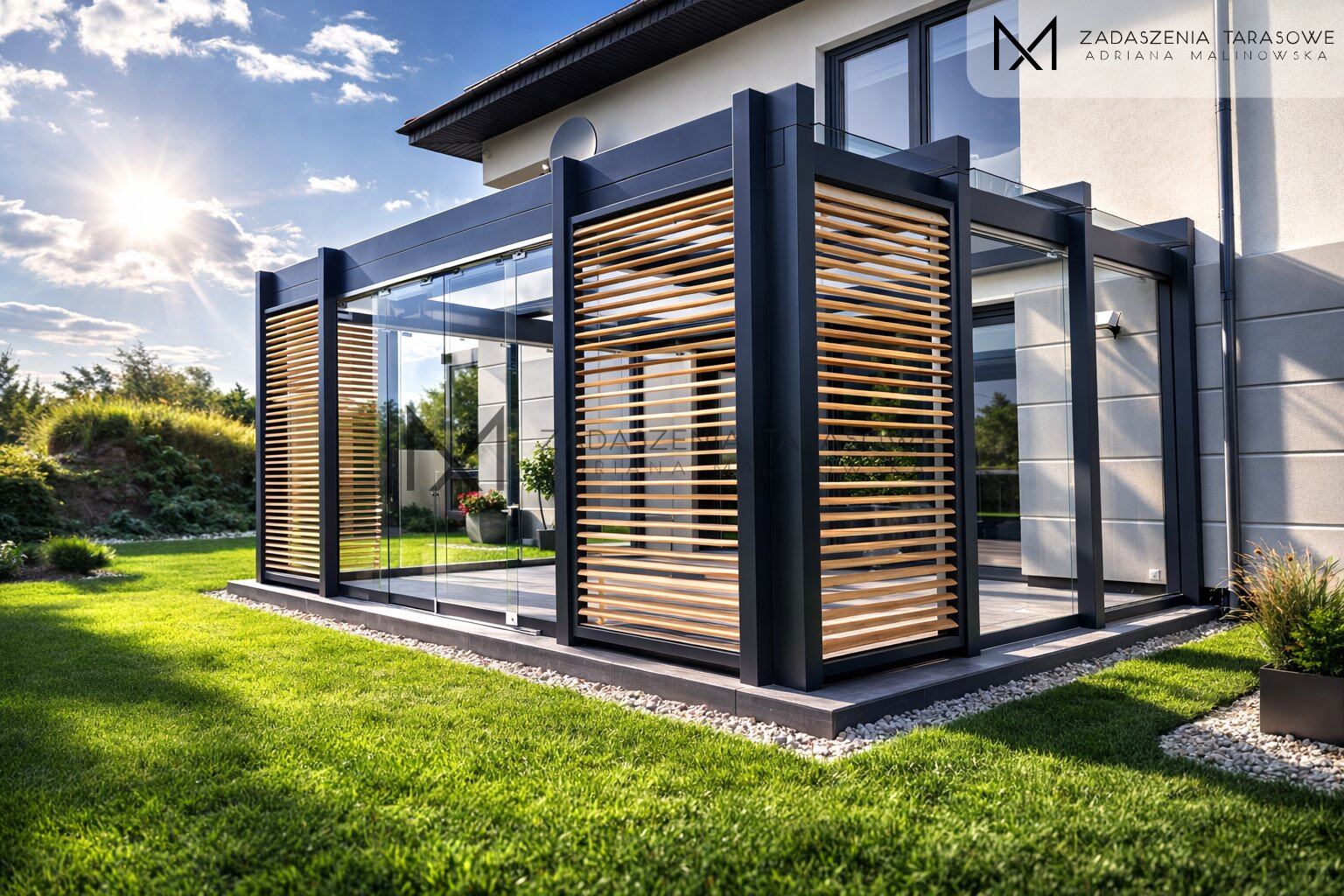 Zadaszenie z żaluzjami i szkłem przy domu jednorodzinnym