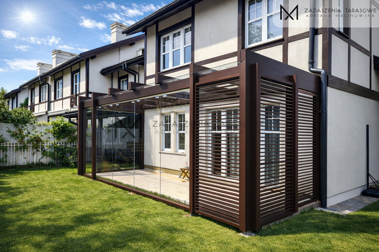 Zadaszenie ze szkłem przeziernym i ścianą z żaluzji