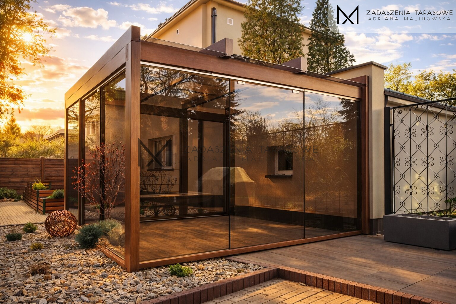 zadaszenie brązowe szkło w ogrodzie