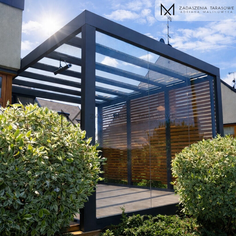 zadaszenie ze szkłem akustycznym w ścianie