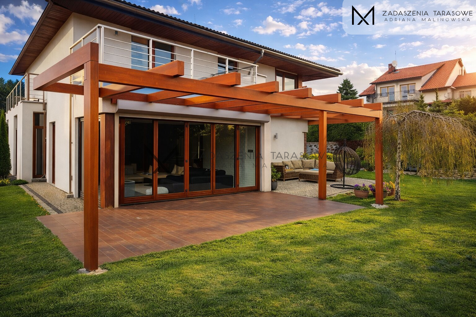Duża pergola z zadaszeniem ze szkła hartowanego