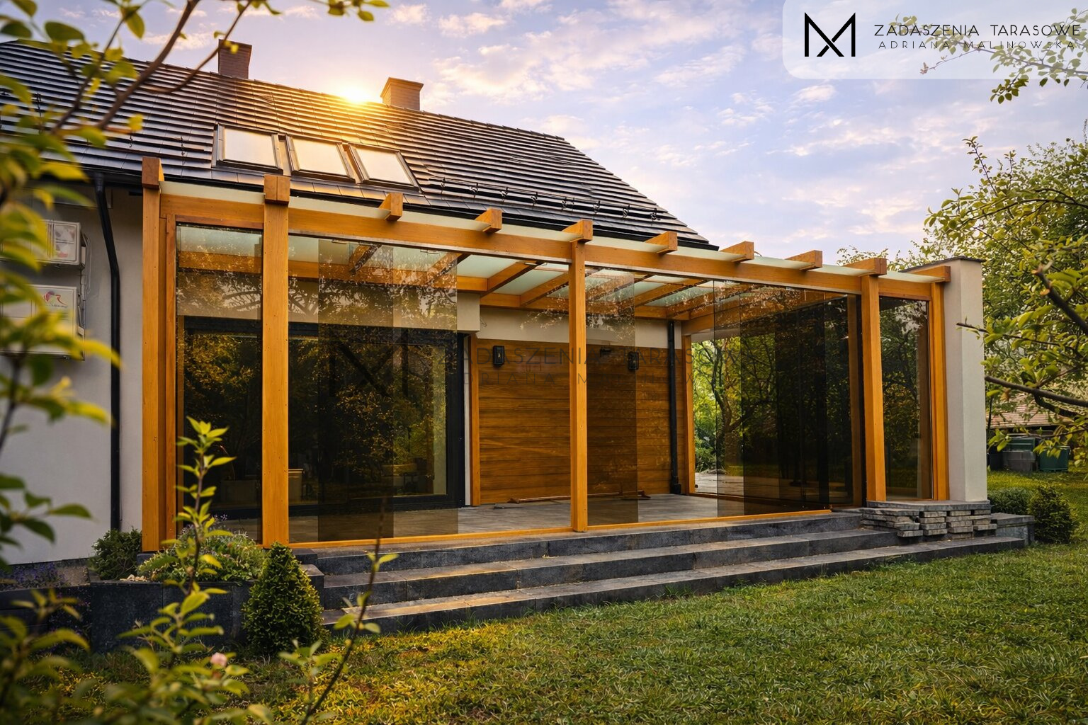 Duże zadaszenie ze szkłem brązowym ESG nowoczesne