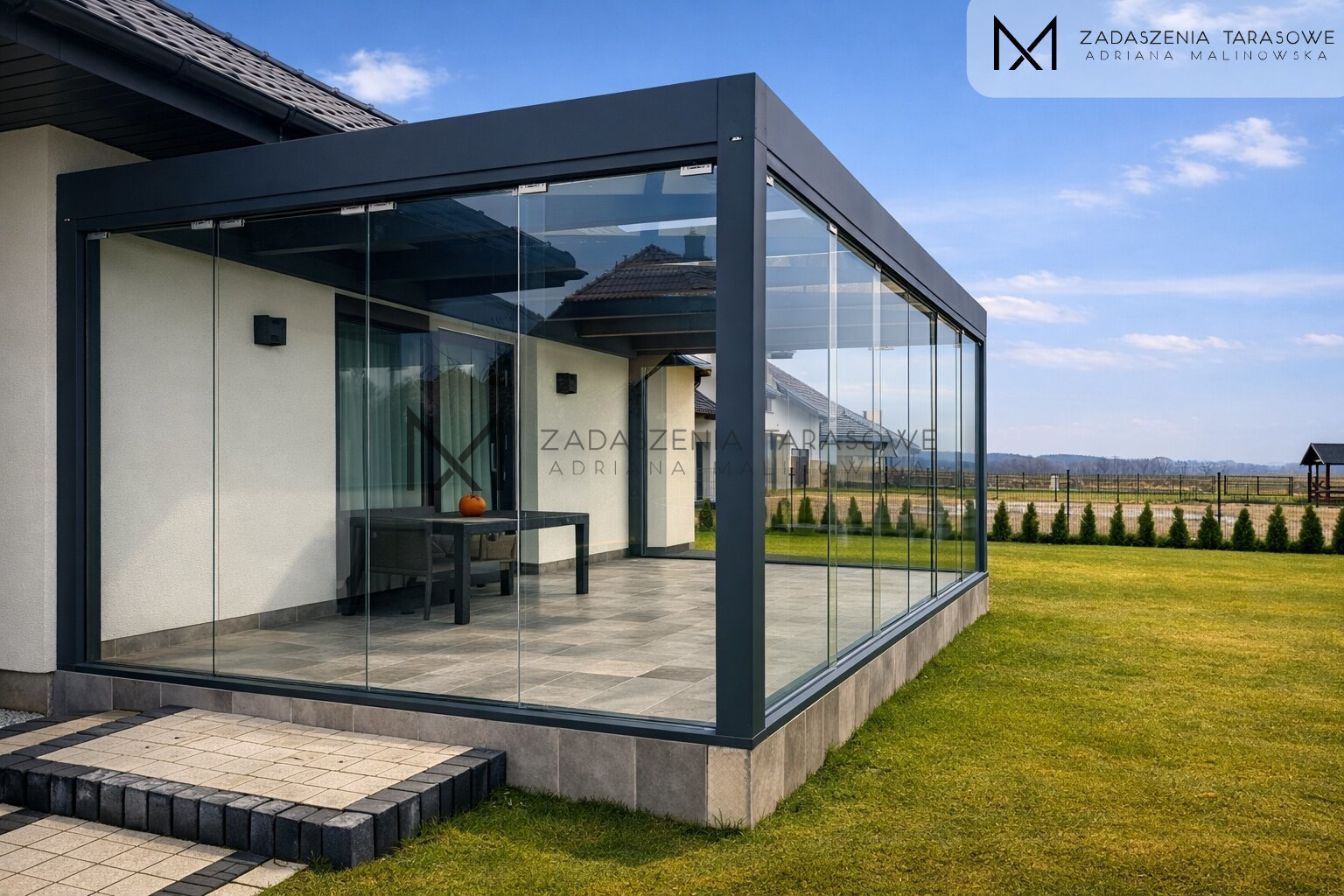 Minimalistyczne zadaszenie z szybami przesuwnymi. szkło bezpieczne