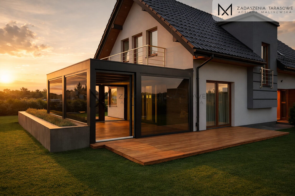 Nowoczesny ogród zimowy z szybami zespolonymi ze szkłem grafitowym