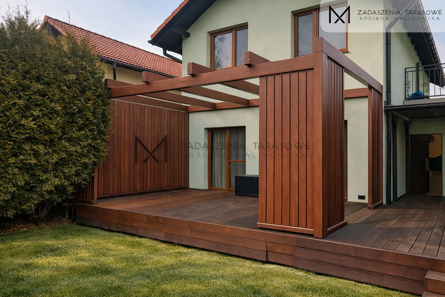 Pergola tarasowa z lamelami pionowymi z otwartym dachem