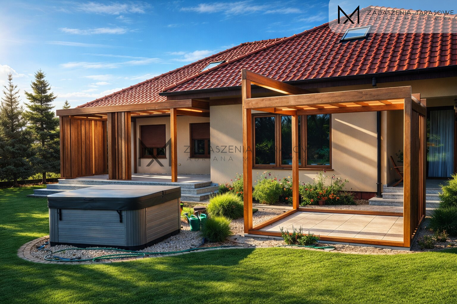 Zabudowa tarasowa z pionowymi lamelami obrotowymi i strefą jacuzzi – realizacja na Dolnym Śląsku