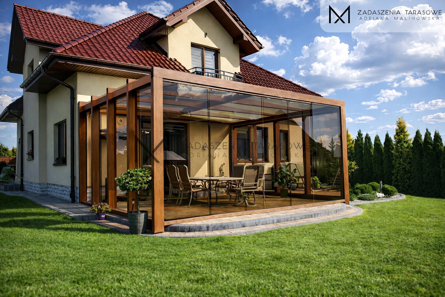 Zadaszenie z drewna BSH ze szkłem kolorowym z meblami pod zadaszeniem