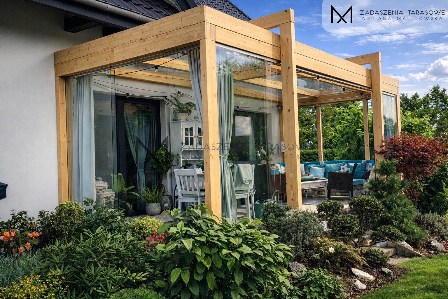 Zadaszenie z drewna BSH ze szkłem w ścianach ozdobne belki nad dachem