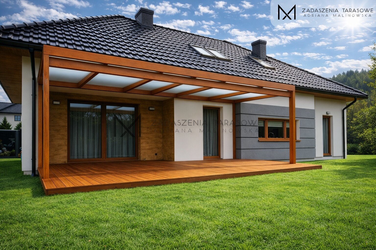 Zadaszenie z drewna klejonego ze szklanym dachem nad tarasem