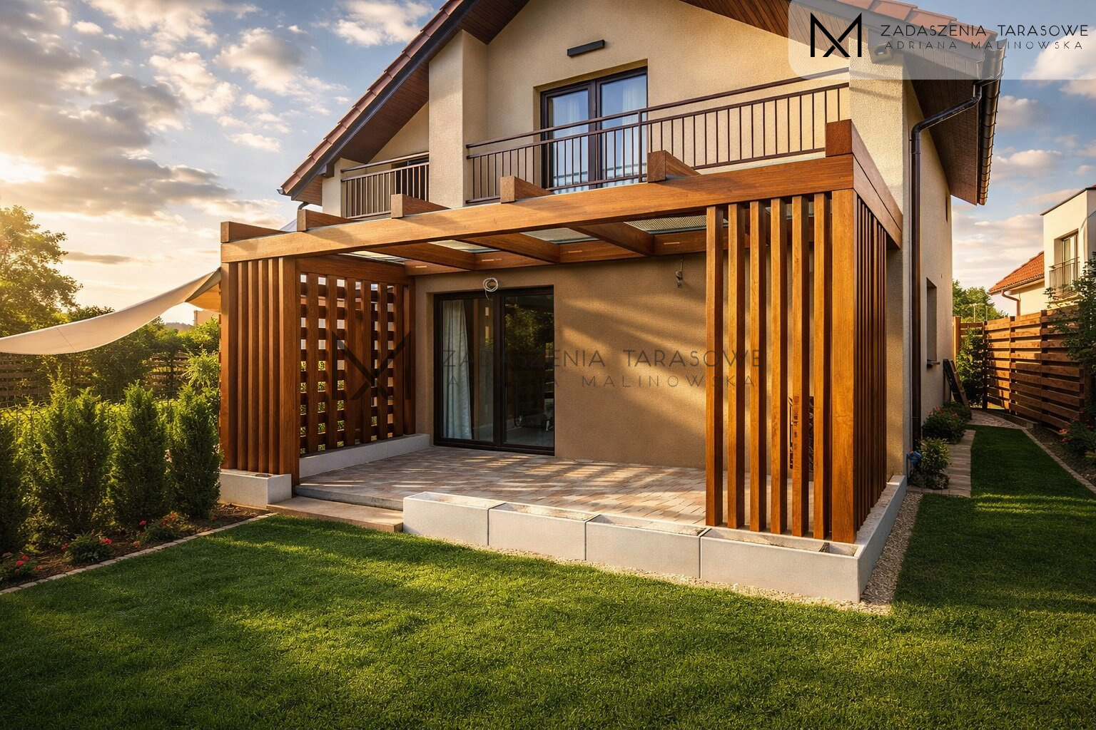 Zadaszenie z lamelami przy domu jednorodzinnym